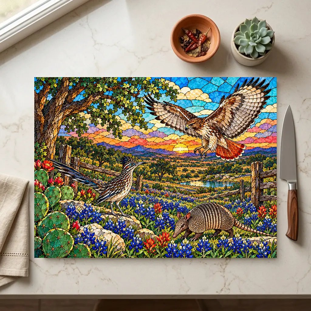 Texas Wildlife Glass Cutting Board, Roadrunner, Armadillo, Hawk Art, Bluebonnet Kitchen Decor, Hill Country Gift, Texas Wildlife Decor