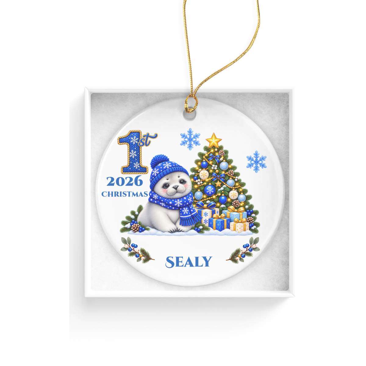 Seal Pup Personalized Baby's 1st 2nd 3rd Christmas Ceramic Keepsake Ornament, Custom Name Year, Boy Gift