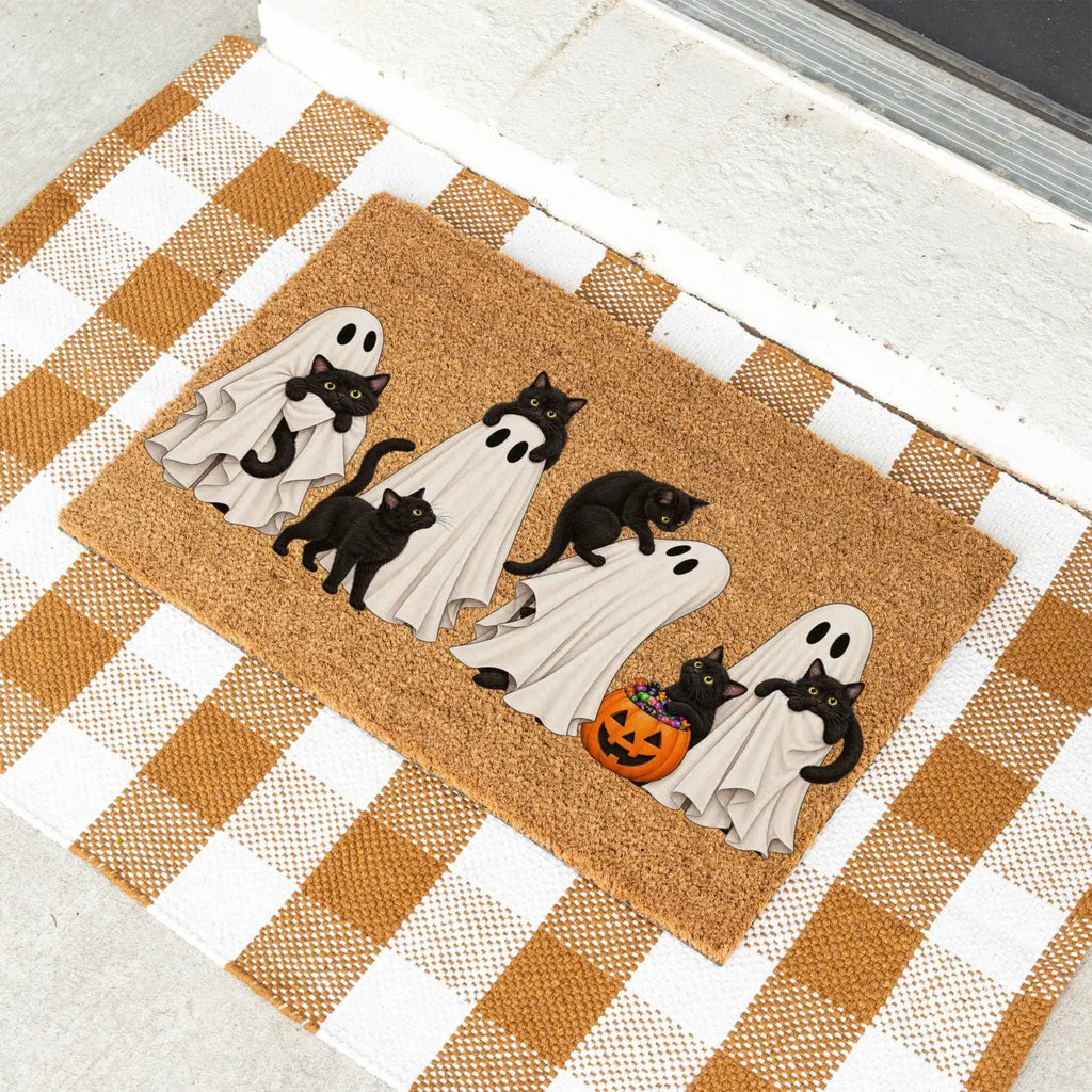 Halloween Black Cat Doormat, Cute Ghost Welcome Mat, Funny Cat Halloween Decor, Spooky Fall Porch Decor, Cat Lover Gift, Coir Door Mat