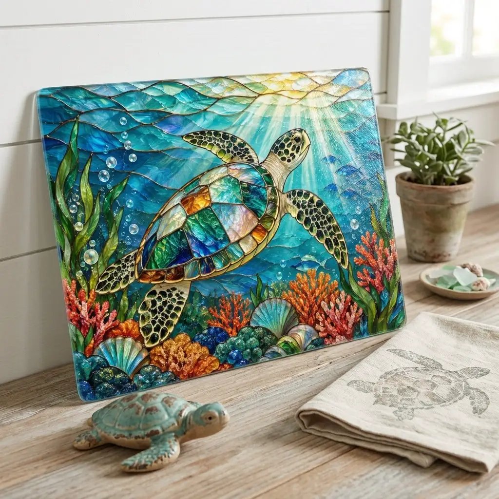 Sea Turtle Glass Cutting Board, Ocean Kitchen Decor, Marine Life Serving Board, Coastal Home Gift, Underwater Art Kitchen Accessory