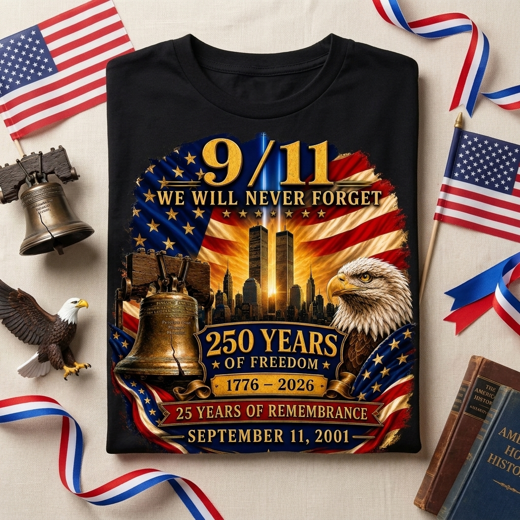 9/11 Memorial Shirt 25th Anniversary, Never Forget T-Shirt, 250 Years of Freedom 1776-2026, September 11 Remembrance Patriotic Tee