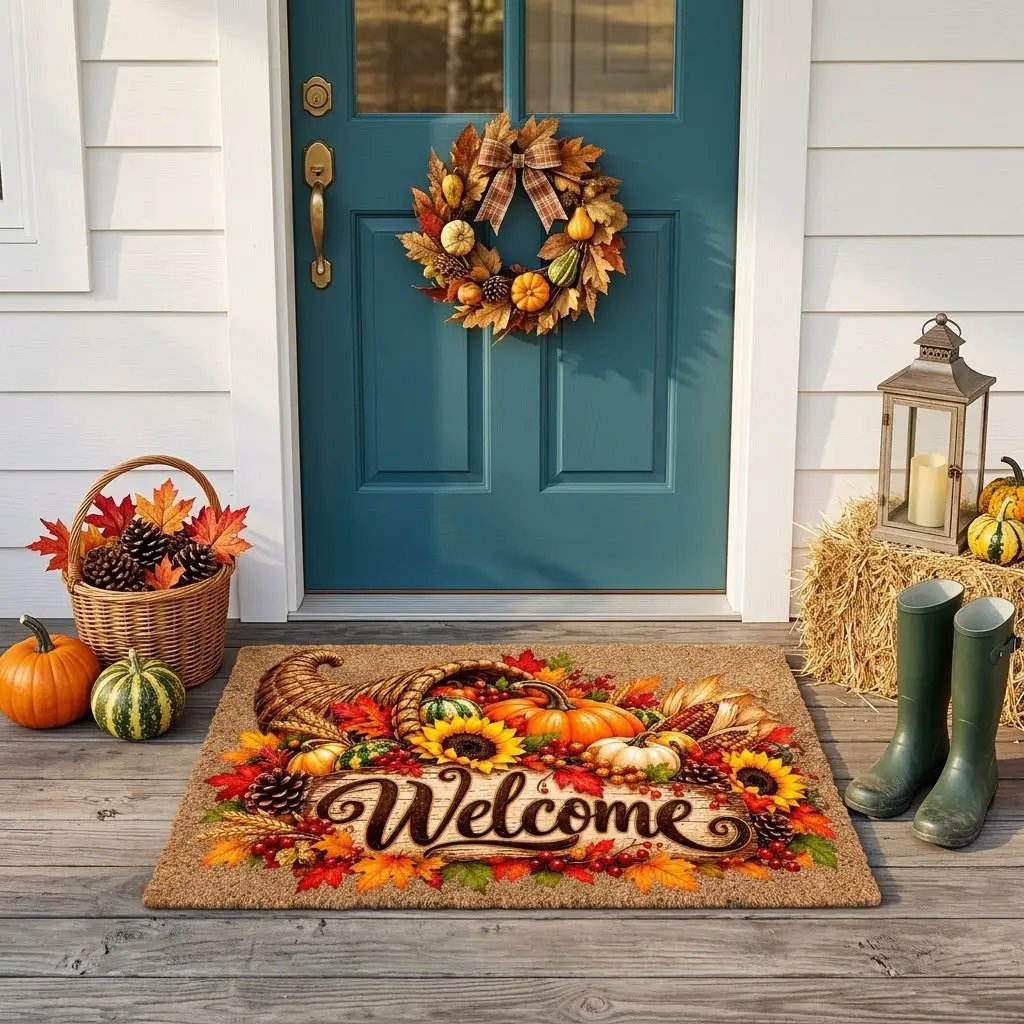 Thanksgiving Cornucopia Doormat, Fall Welcome Mat, Harvest Coir Door Mat, Pumpkin Sunflower Porch Decor, Autumn Front Door Decor