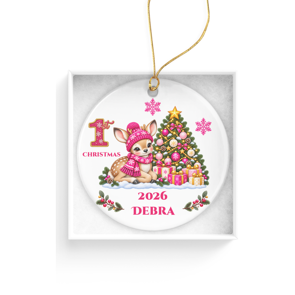 Fawn Baby Personalized Christmas Ornament, Baby's 1st 2nd 3rd Christmas, Custom Name Year Ceramic Keepsake, Boy or Girl Gift