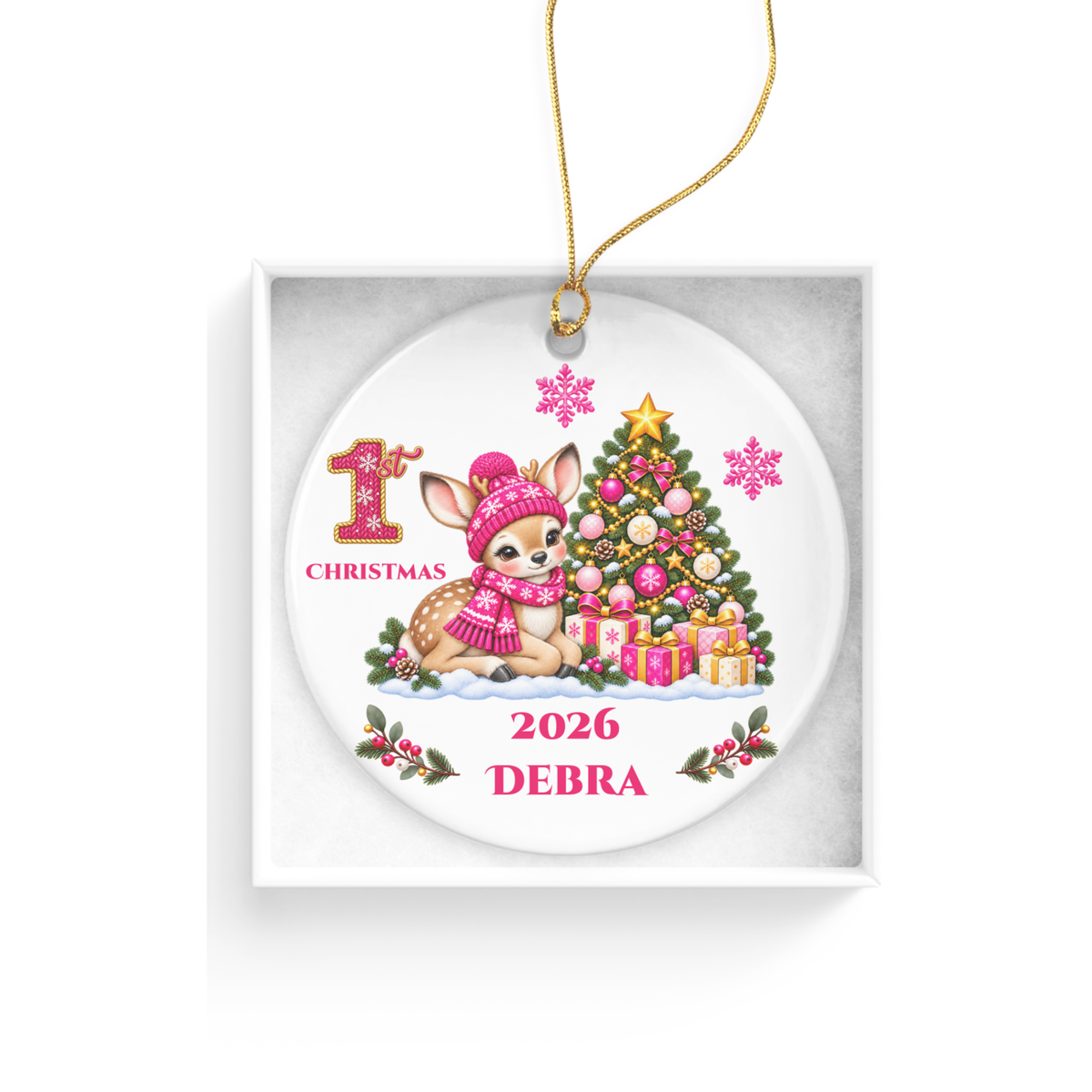 Fawn Baby Personalized Christmas Ornament, Baby's 1st 2nd 3rd Christmas, Custom Name Year Ceramic Keepsake, Boy or Girl Gift
