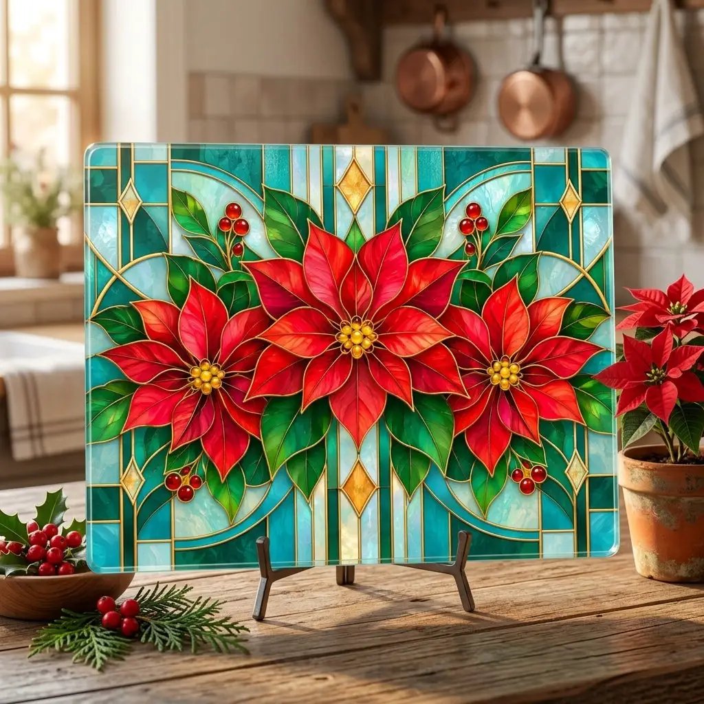 Christmas Poinsettia Glass Cutting Board, Stained Glass Floral Kitchen Decor, Holiday Serving Board, Festive Cooking Gift for Home Chefs