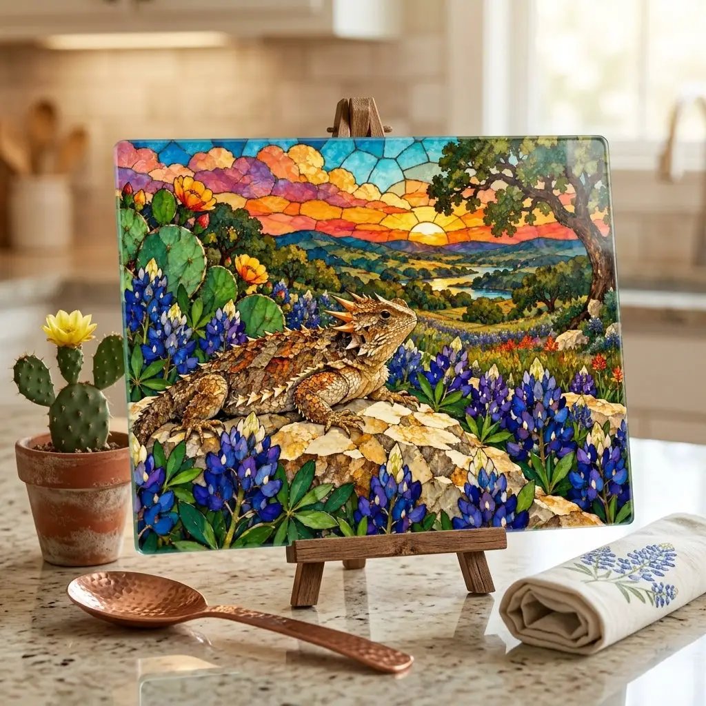 Texas Horned Lizard Glass Cutting Board, Bluebonnet Kitchen Decor, Texas Wildflower Cutting Board, Horny Toad Gift, Texas Housewarming Gift