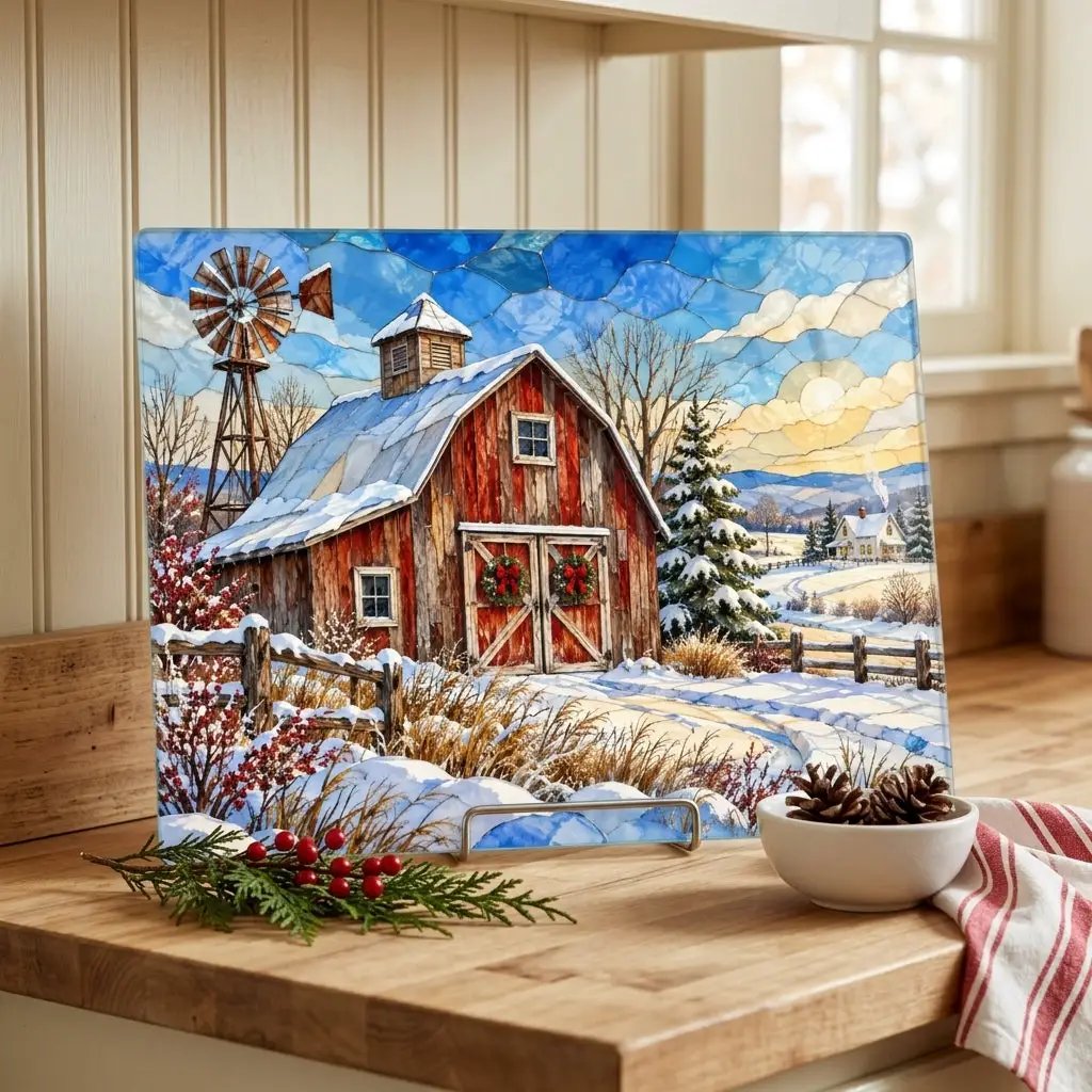 Winter Windmill Farm Glass Cutting Board, Red Barn Country Kitchen Decor, Rustic Farmhouse Christmas Gift