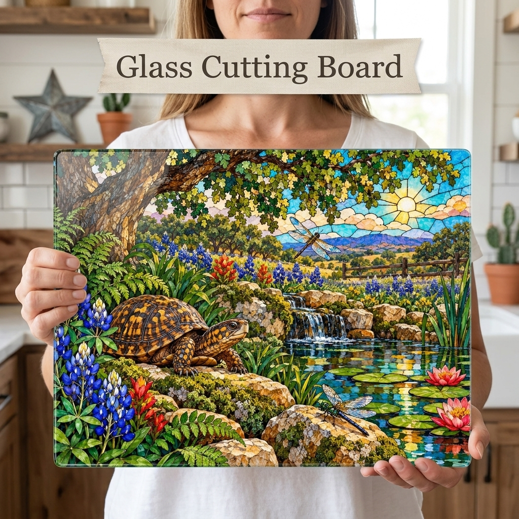 Box Turtle Glass Cutting Board, Texas Bluebonnet Kitchen Decor, Turtle and Dragonfly Gift, Wildlife Garden Cutting Board, Nature Decor