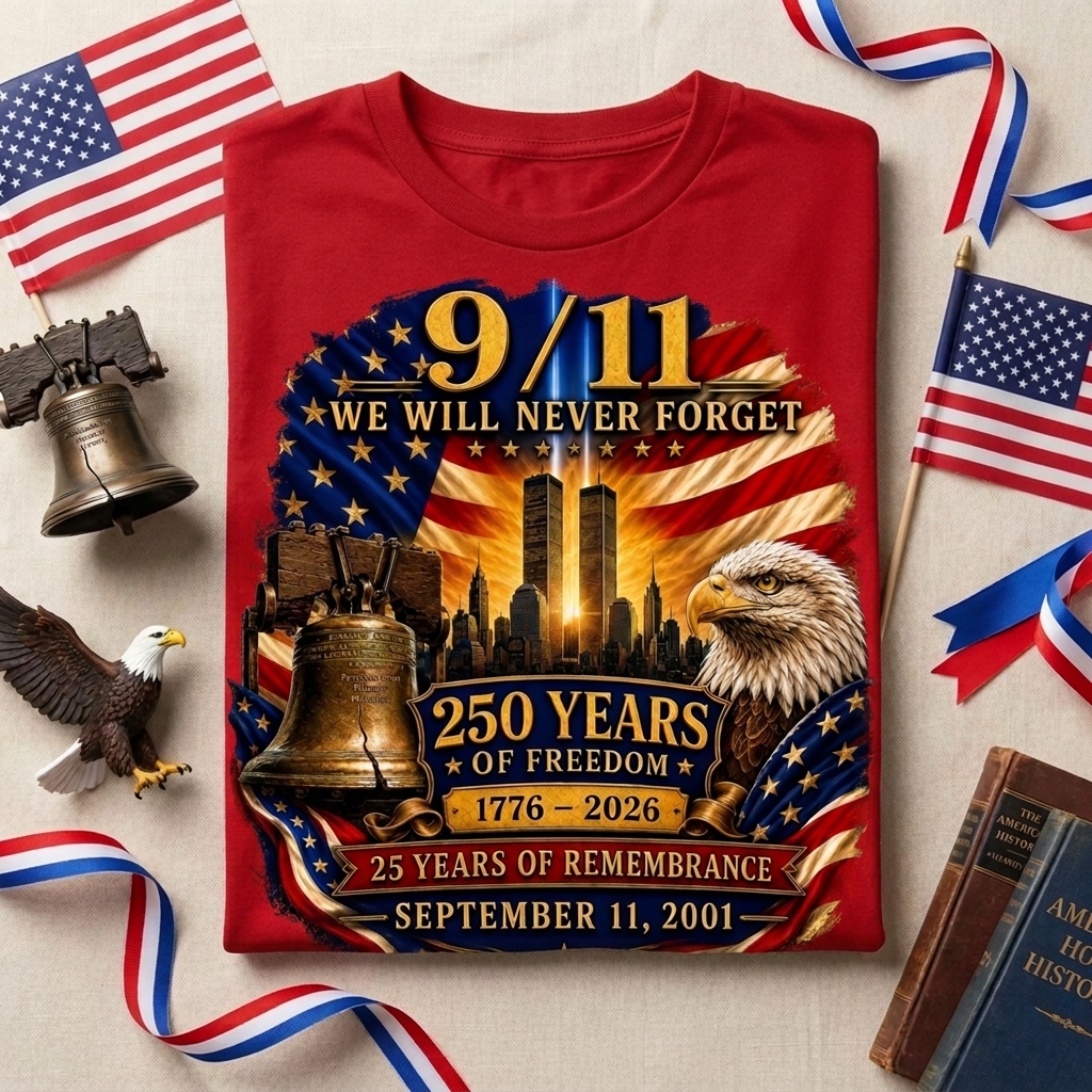 9/11 Memorial Shirt 25th Anniversary, Never Forget T-Shirt, 250 Years of Freedom 1776-2026, September 11 Remembrance Patriotic Tee