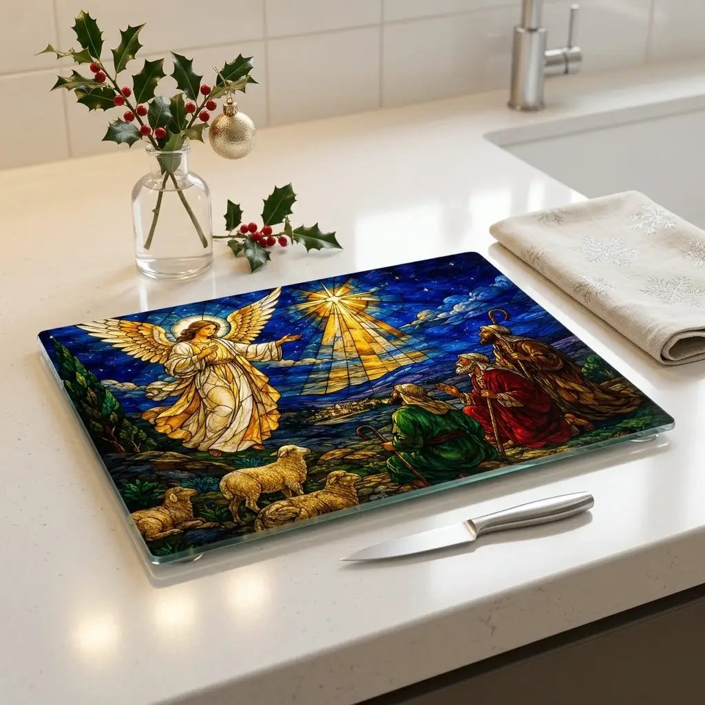 Angel and Shepherds Glass Cutting Board, Christian Christmas Gift, Nativity Kitchen Decor, Religious Christmas Decor, Stained Glass Art