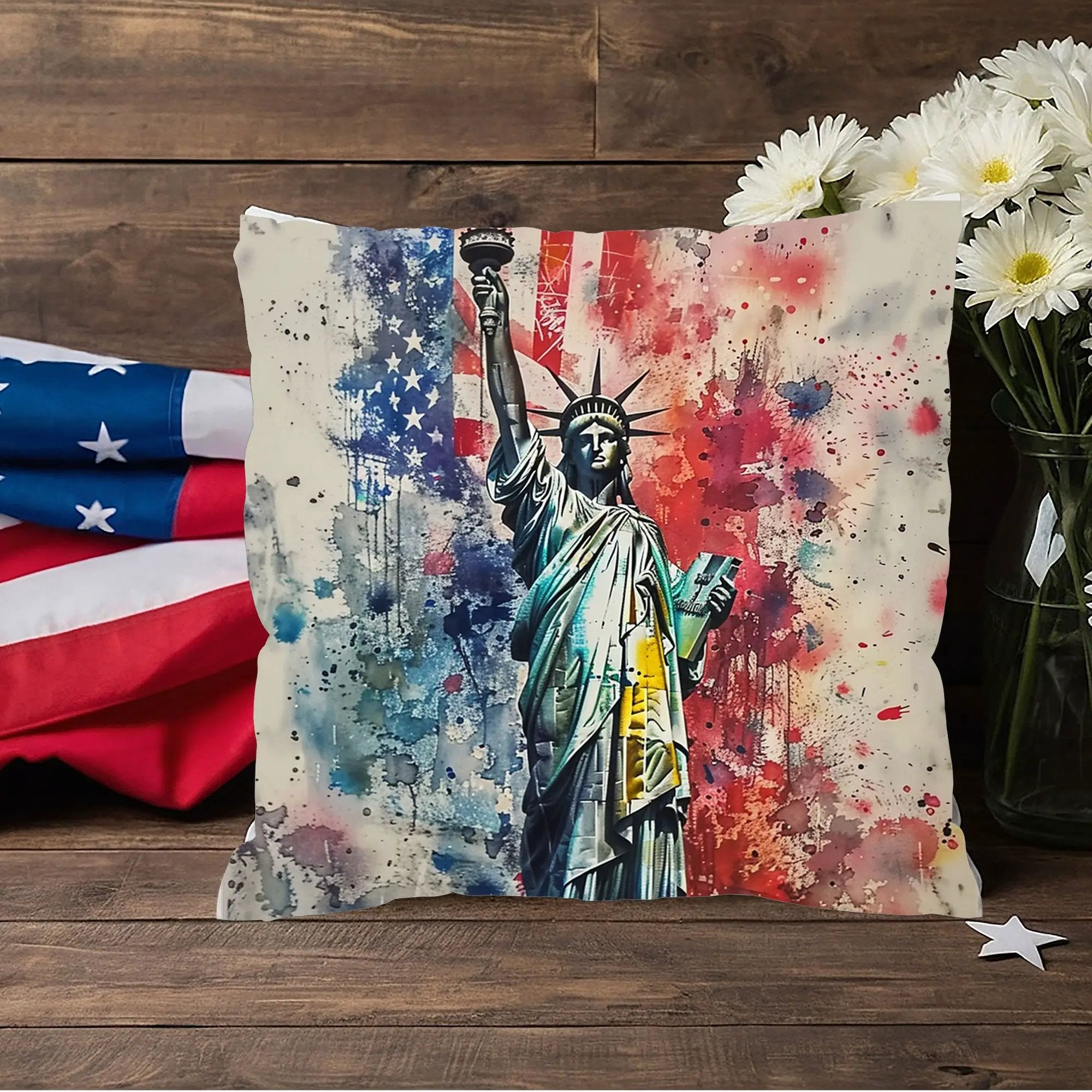 Statue of Liberty American Flag Pillow – Patriotic Indoor Outdoor Throw Pillow – USA Freedom Decor – Red White Blue Cushion – Americana Home Accent