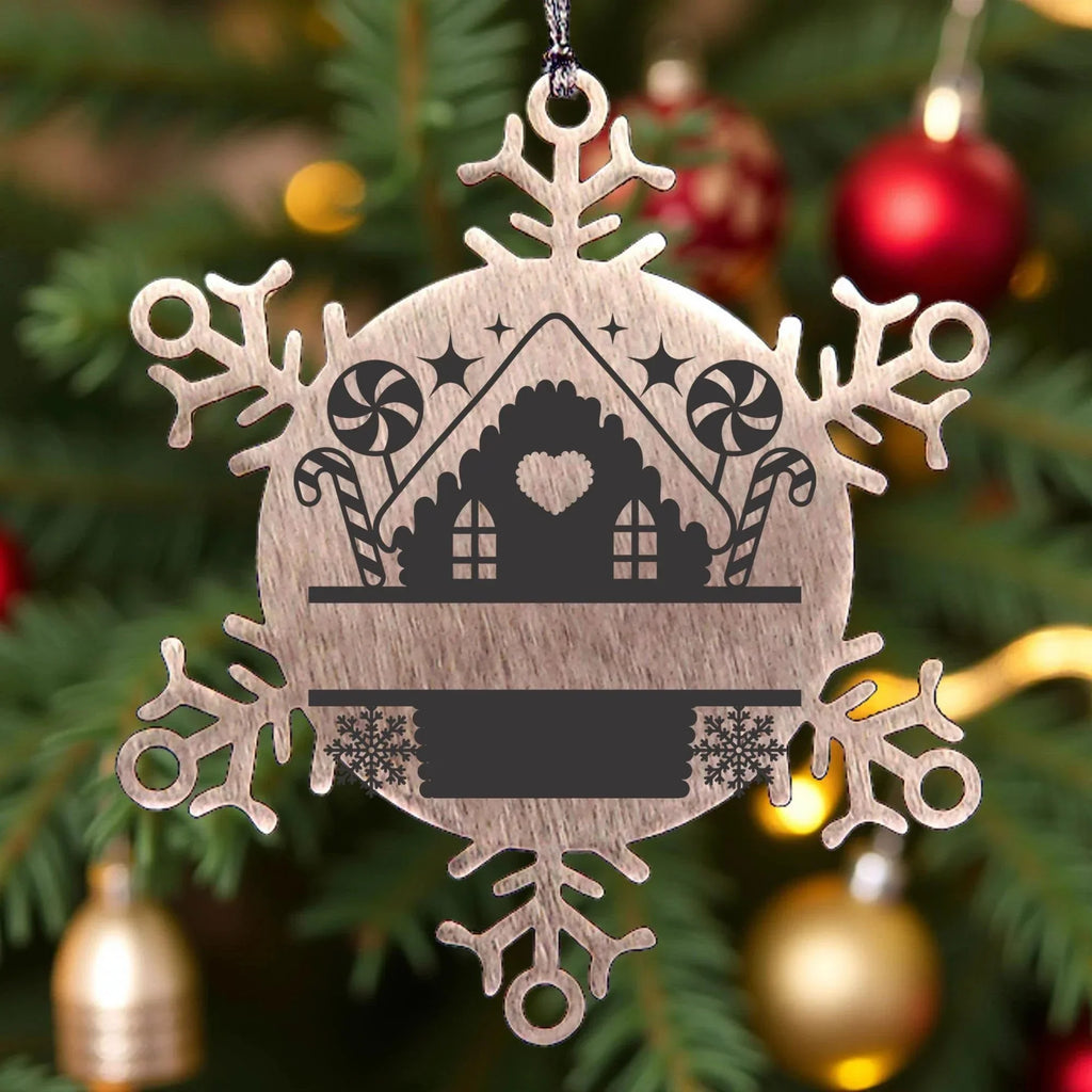 Personalized Snowflake Tree Ornament Family Name Laser Engraved Stainless Steel Gingerbread House