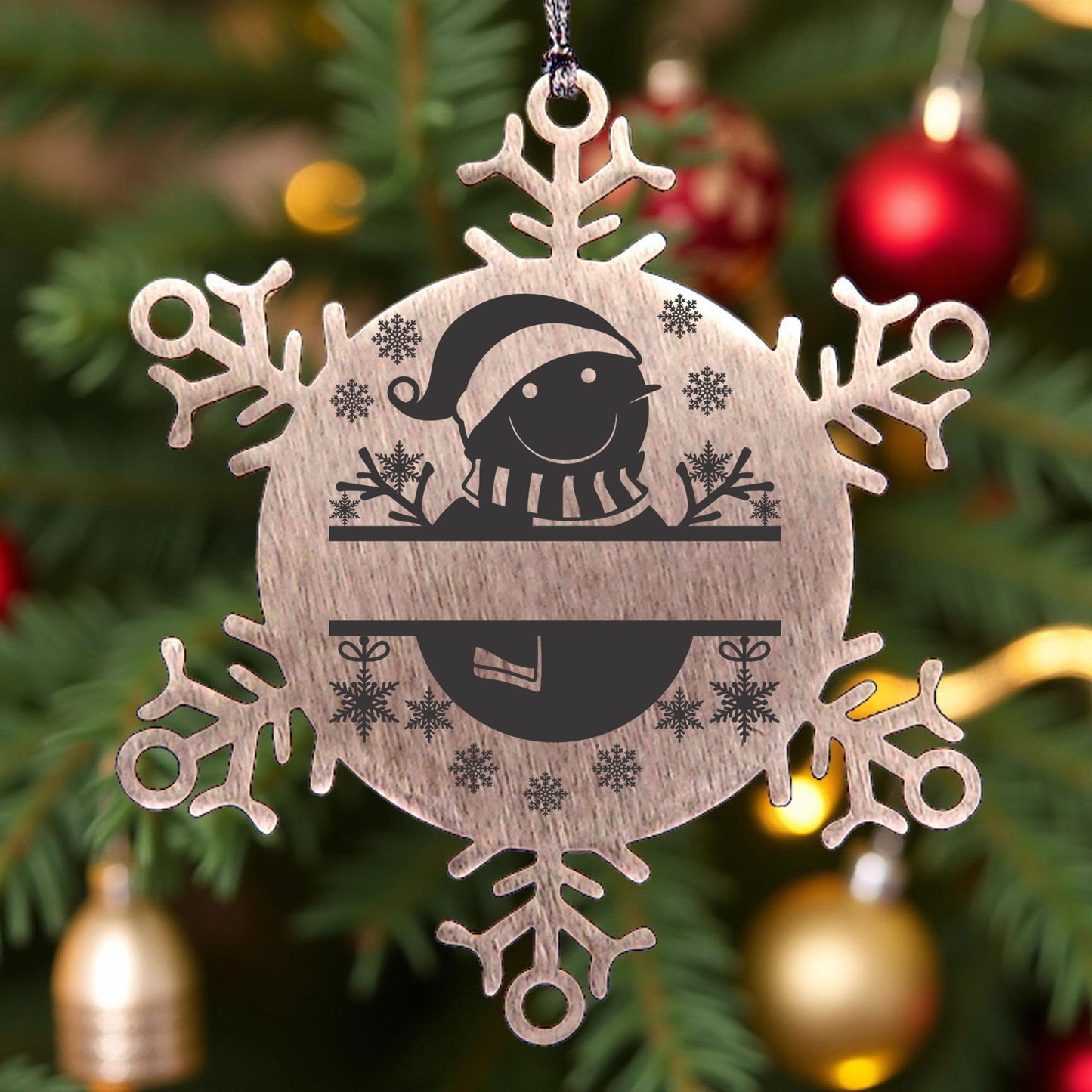 Personalized Snowman Snowflake Tree Ornament Family Name Laser Engraved Stainless Steel - Mallard Moon
