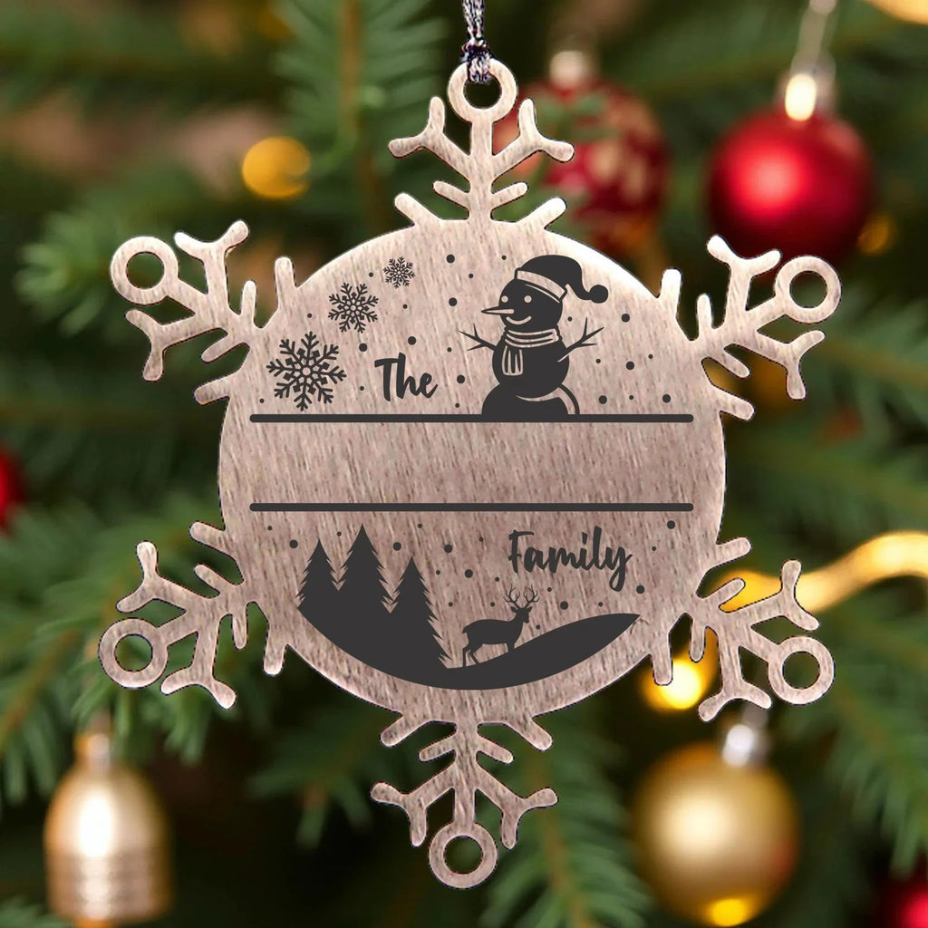 Personalized Snowman Snowflake Christmas Tree Ornament Family Name Laser Engraved Stainless Steel