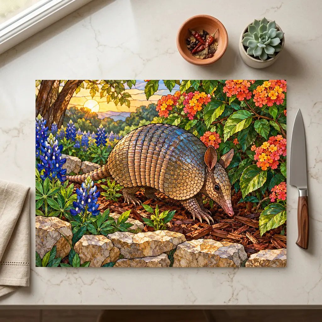Armadillo Glass Cutting Board, Texas Kitchen Decor, Bluebonnet Armadillo Gift, Stained Glass Style Wildlife Art, Texas Housewarming Gift