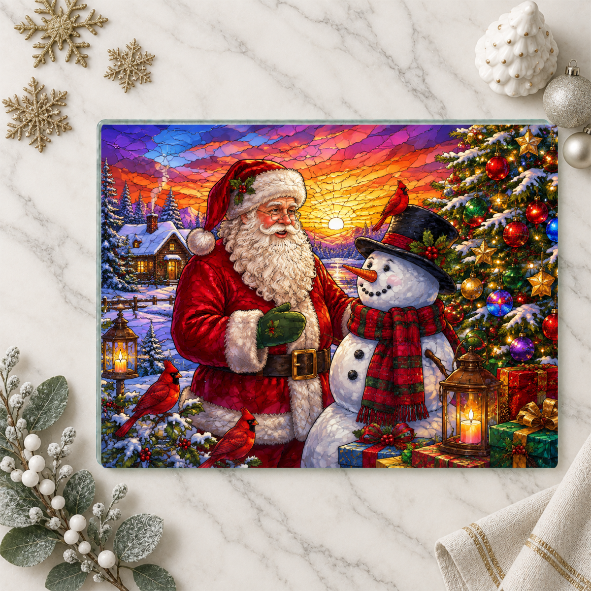Santa and Snowman Glass Cutting Board, Christmas Kitchen Decor, Cardinal Holiday Gift, Stained Glass Christmas Serving Board, Santa Decor