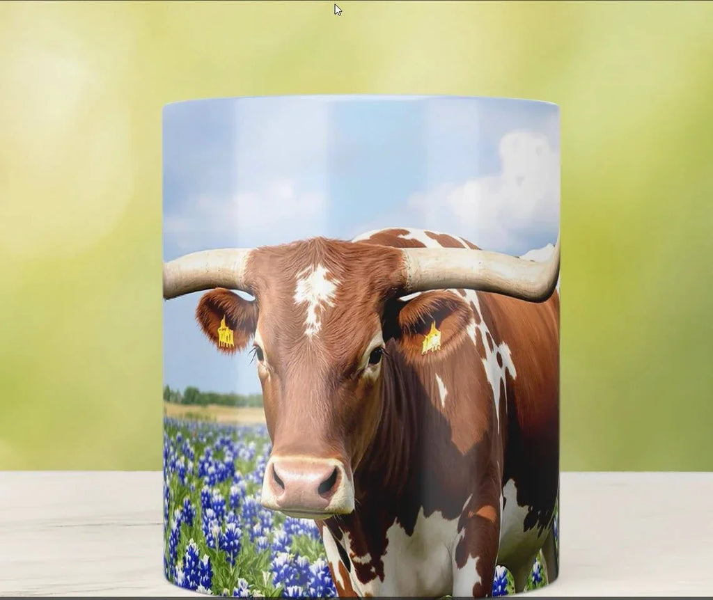 Texas Longhorn in Bluebonnets Ceramic Mug – 11oz & 15oz Coffee Cup for Western & Texas Pride Lovers