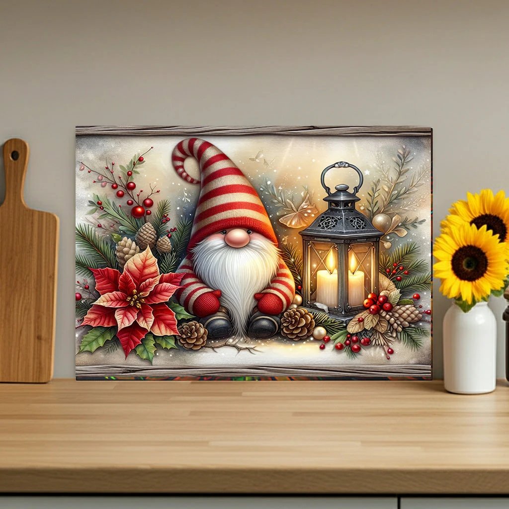 Christmas Gnome Glass Cutting Board — Festive Poinsettia & Lantern Kitchen Decor