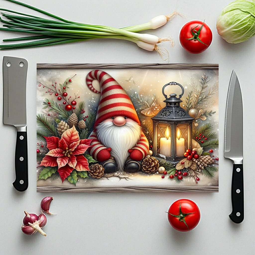 Christmas Gnome Glass Cutting Board — Festive Poinsettia & Lantern Kitchen Decor