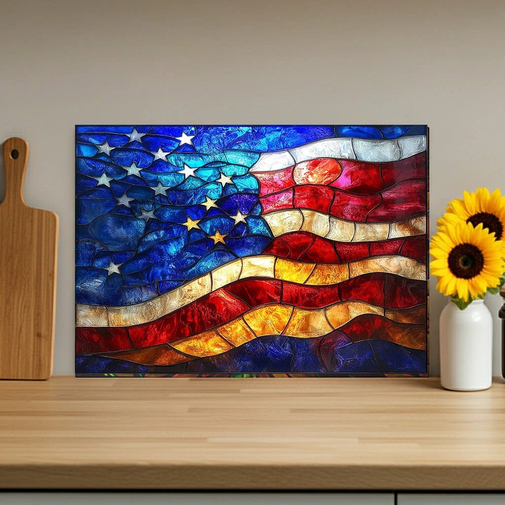 American Flag Glass Cutting Board — Stained-Glass Patriotic Kitchen Decor