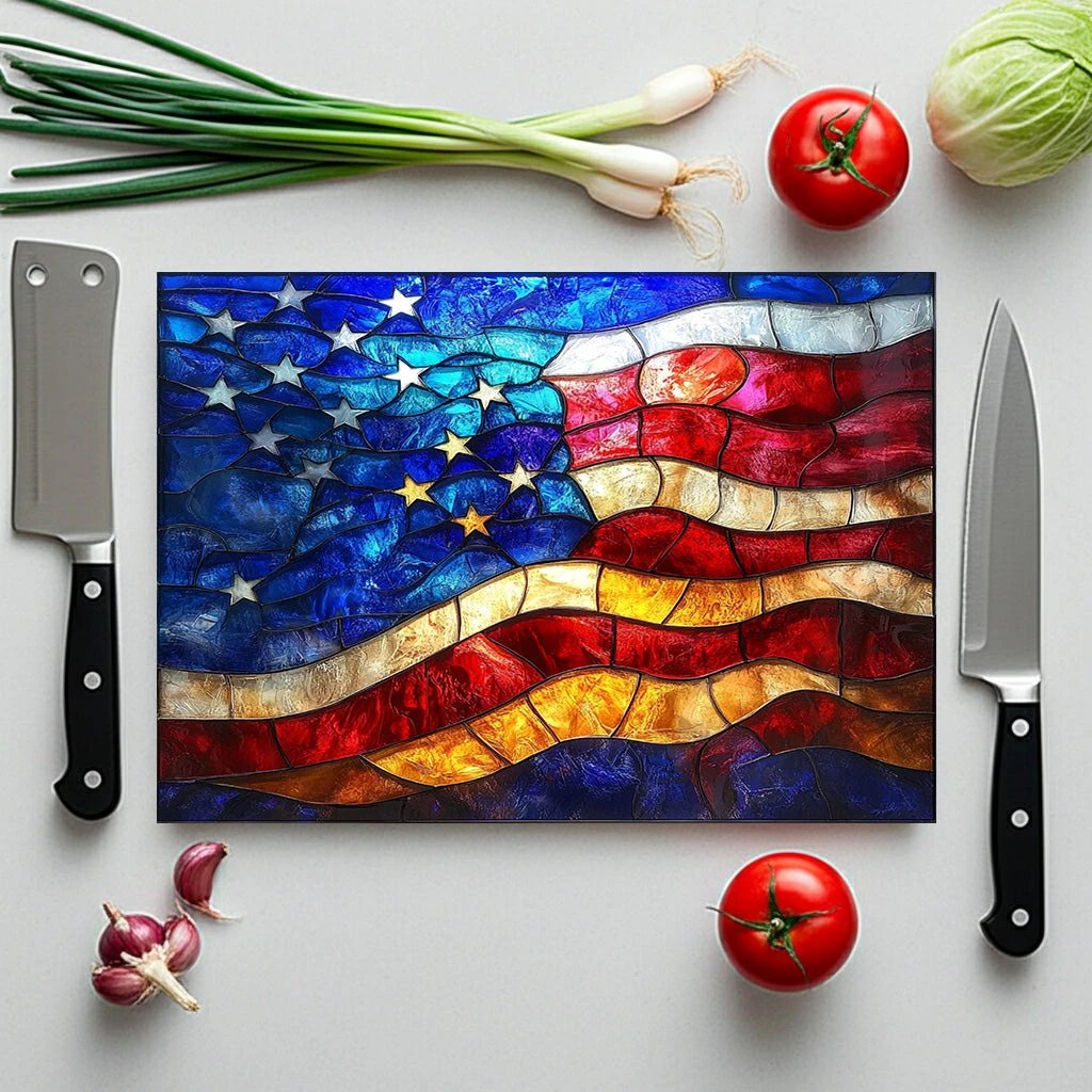 American Flag Glass Cutting Board — Stained-Glass Patriotic Kitchen Decor