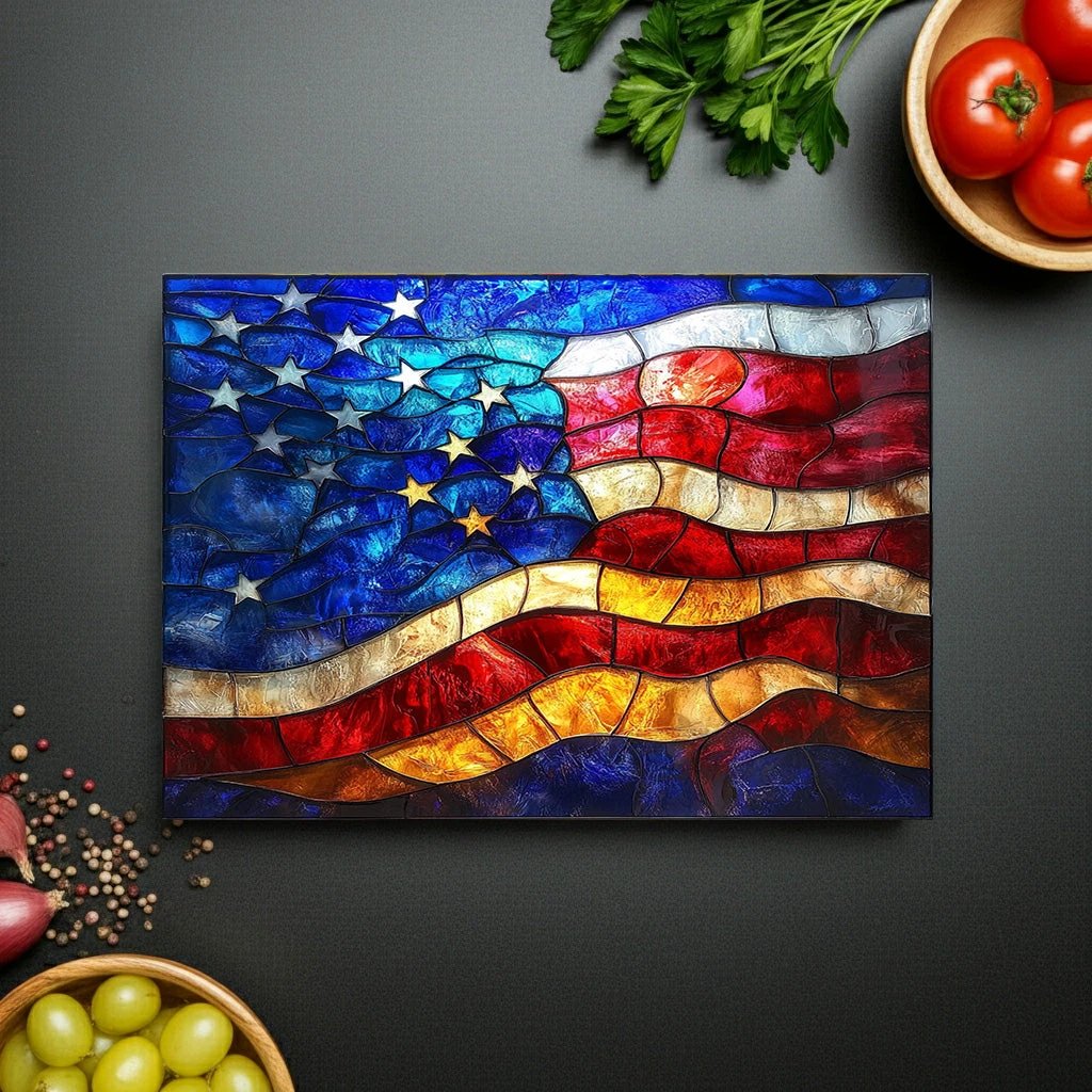 American Flag Glass Cutting Board — Stained-Glass Patriotic Kitchen Decor