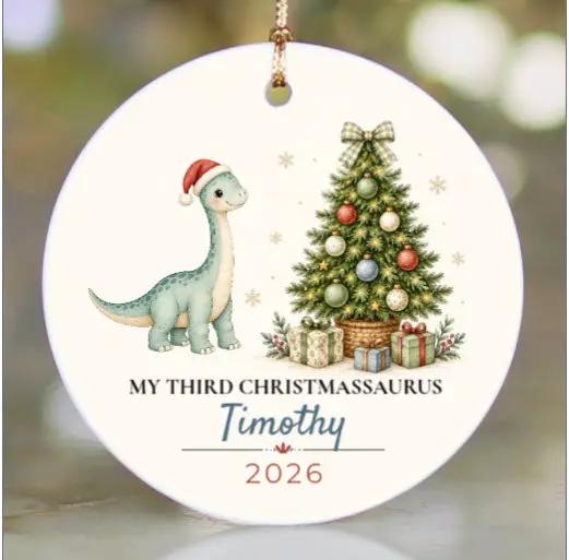 Personalized Dinosaur Christmas Ornament, Baby Boy 1st 2nd 3rd Christmas, Custom Name Year, Christmassaurus Ceramic Keepsake
