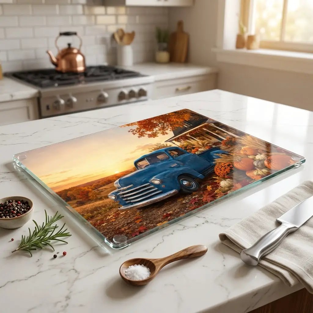 Vintage Blue Truck Autumn Glass Cutting Board — Fall Pumpkin Farm Kitchen Decor