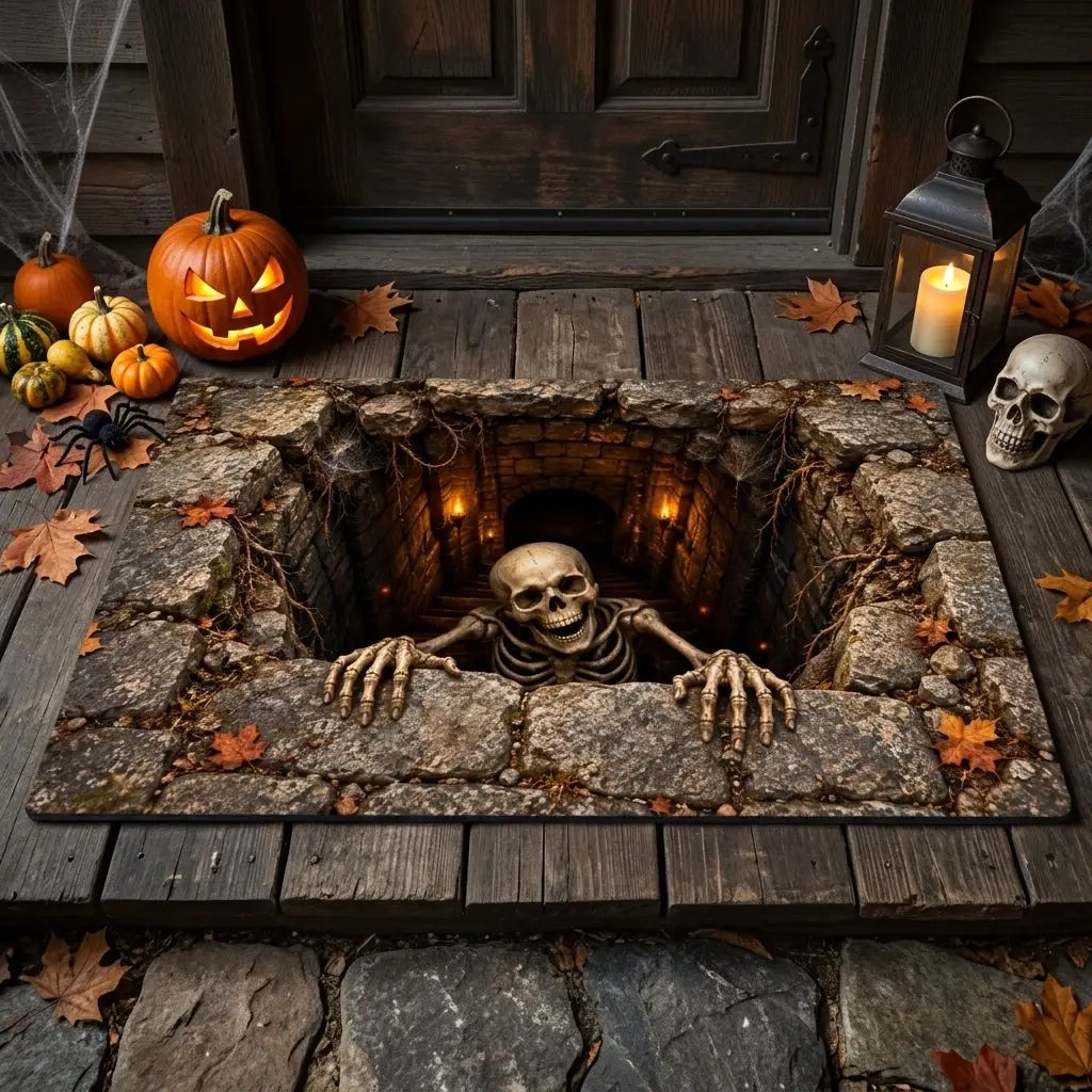 Skeleton Halloween Doormat, 3D Stairwell Illusion Door Mat, Creepy Skeleton Welcome Mat, Spooky Halloween Porch Decor