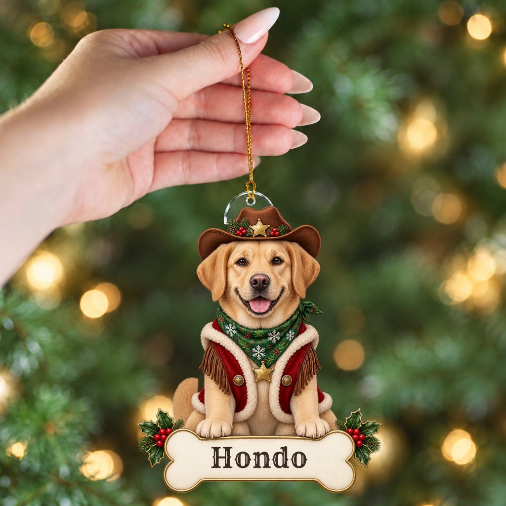 Personalized Cowboy Dog Christmas Ornament from Photo, Custom Pet Portrait Acrylic Cutout, Western Christmas Decor, Dog Lover Gift