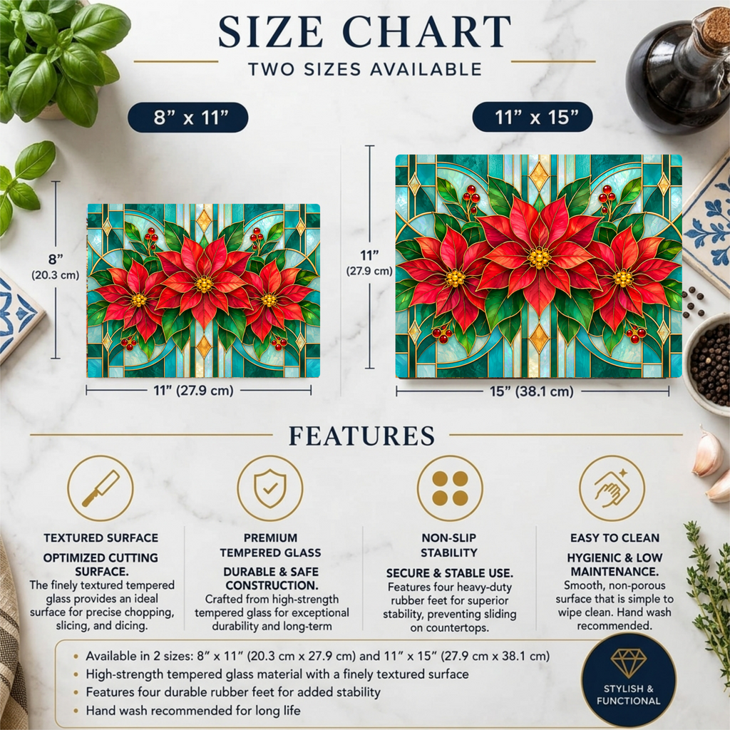 Christmas Poinsettia Glass Cutting Board, Stained Glass Floral Kitchen Decor, Holiday Serving Board, Festive Cooking Gift for Home Chefs