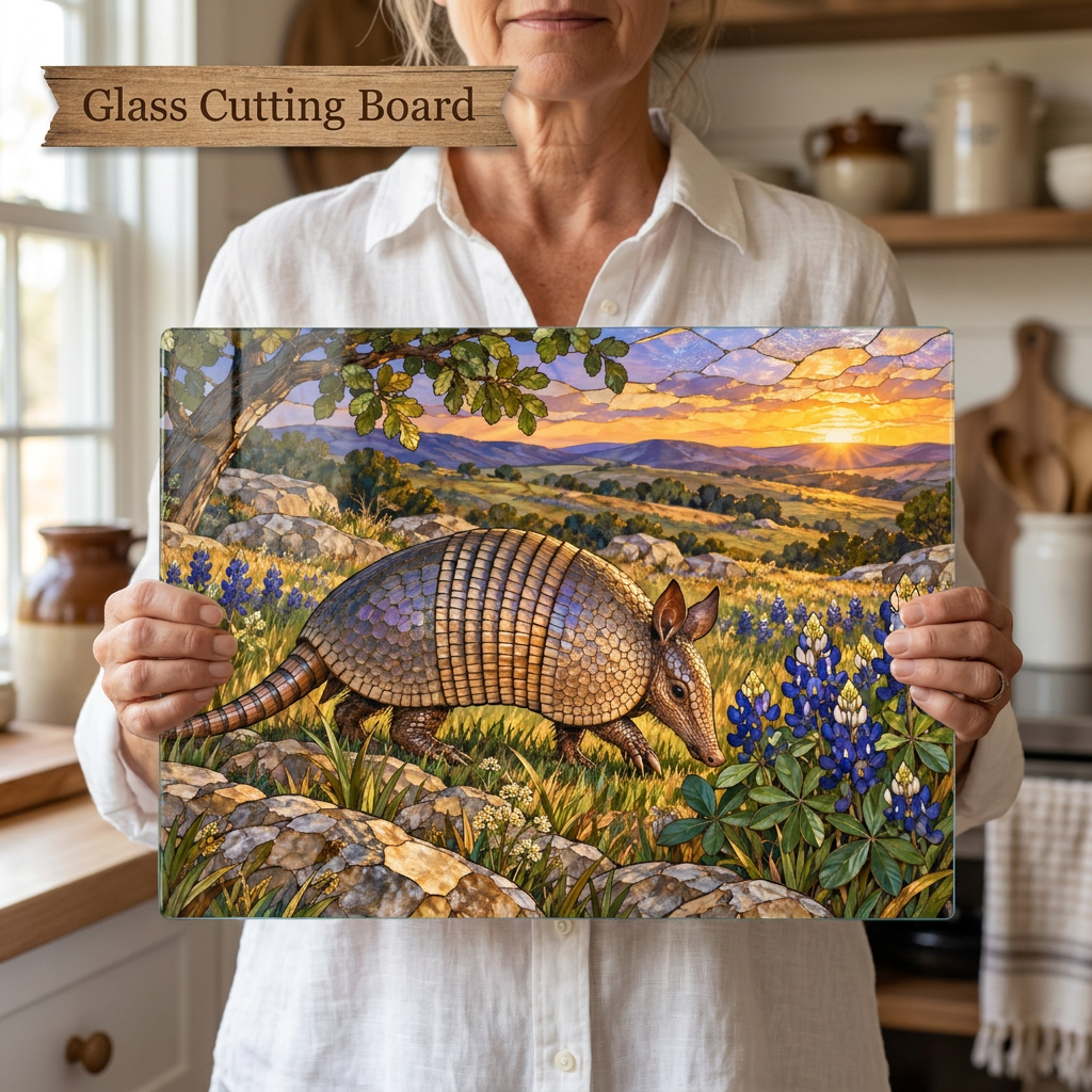 Texas Armadillo Glass Cutting Board, Bluebonnet Kitchen Decor, Wildlife Chopping Board, Southwestern Countryside Kitchen Gift, 2 Sizes