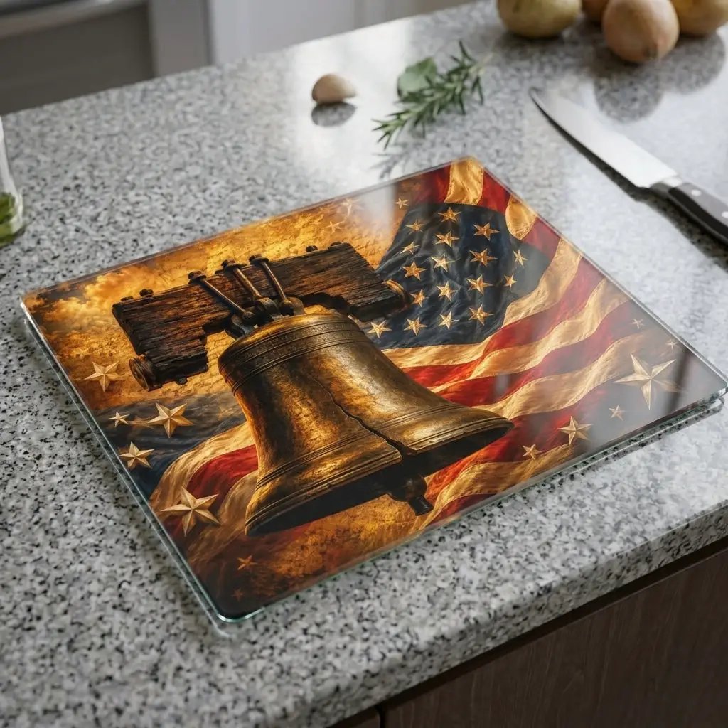 Liberty Bell Cutting Board, American Flag Glass Cutting Board, Patriotic Kitchen Decor, Americana Gift, USA Freedom Decor