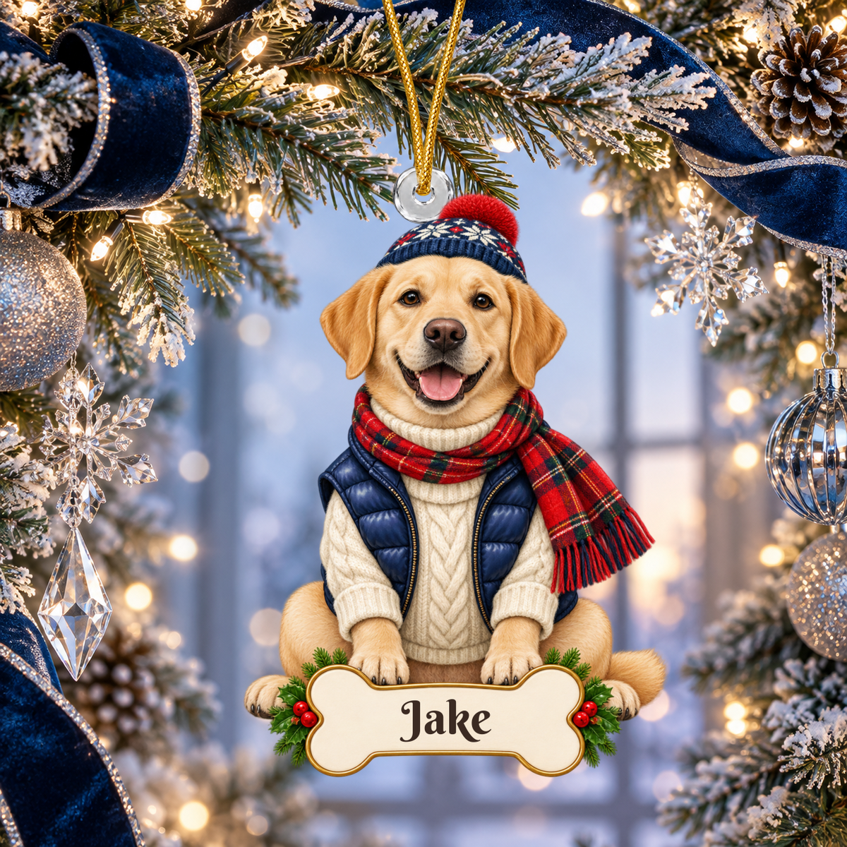Personalized Alpine Skier Dog Christmas Ornament from Photo, Custom Pet Portrait Acrylic Cutout, Winter Sweater Dog Ornament, Dog Lover Gift