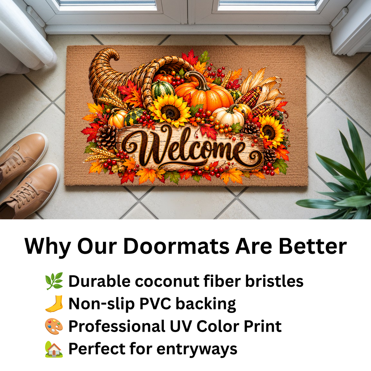 Thanksgiving Cornucopia Doormat, Fall Welcome Mat, Harvest Coir Door Mat, Pumpkin Sunflower Porch Decor, Autumn Front Door Decor