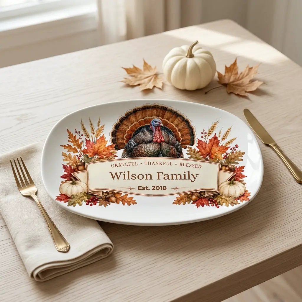 Personalized Thanksgiving Platter with Turkey, Custom Family Name Serving Platter, Grateful Thankful Blessed, Thanksgiving Hostess Gift
