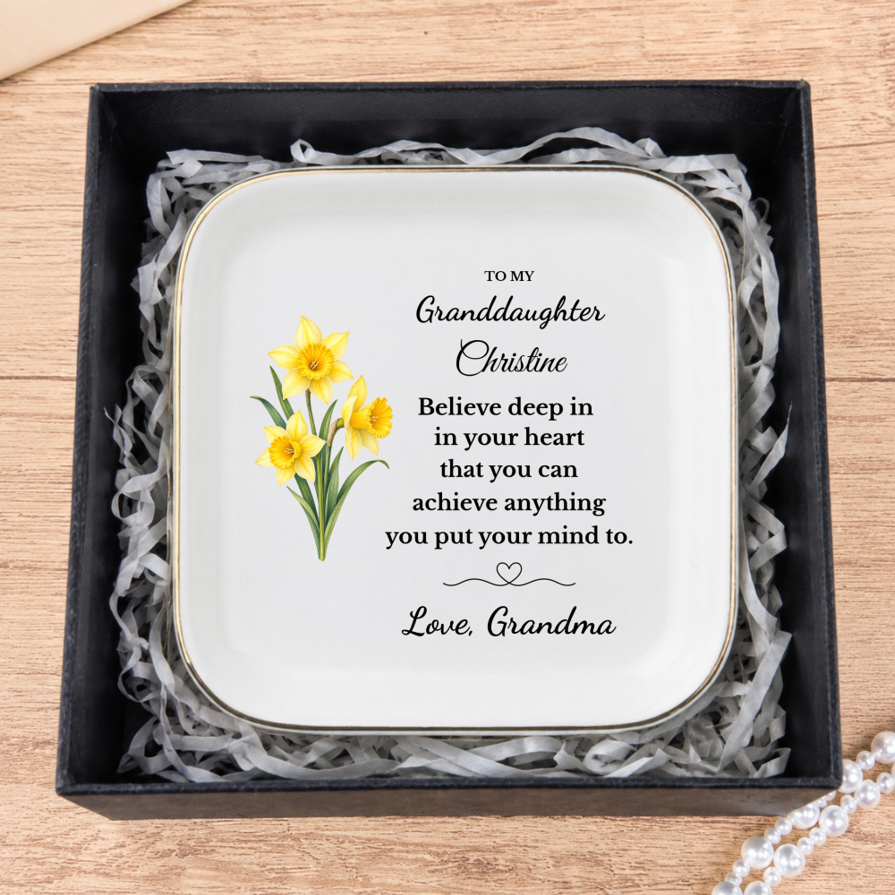 Personalized Daughter/ Granddaughter Jewelry Dish, Birth Flower Trinket Tray, Custom Name Inspirational Ceramic Ring Dish