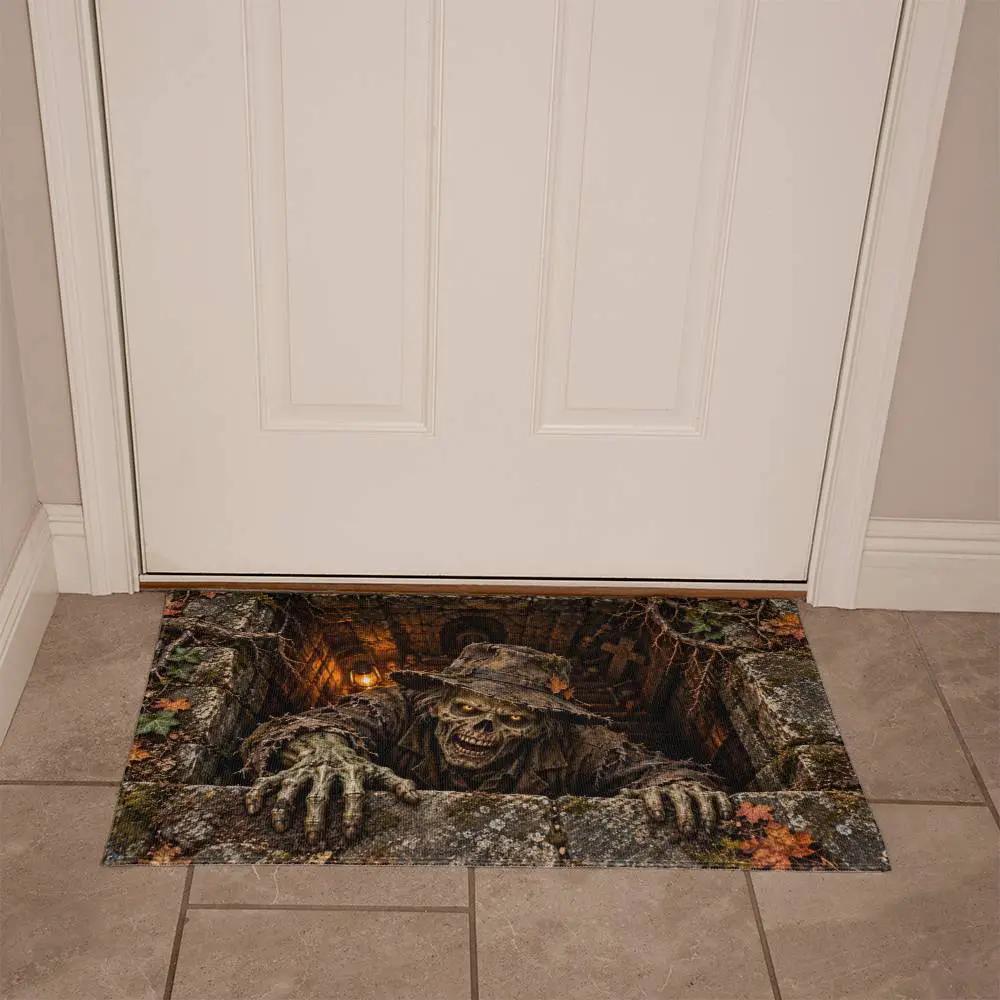 Undead Groundskeeper Halloween Doormat, 3D Zombie Optical Illusion Mat, Creepy Graveyard Door Mat, Haunted Crypt Halloween Decor