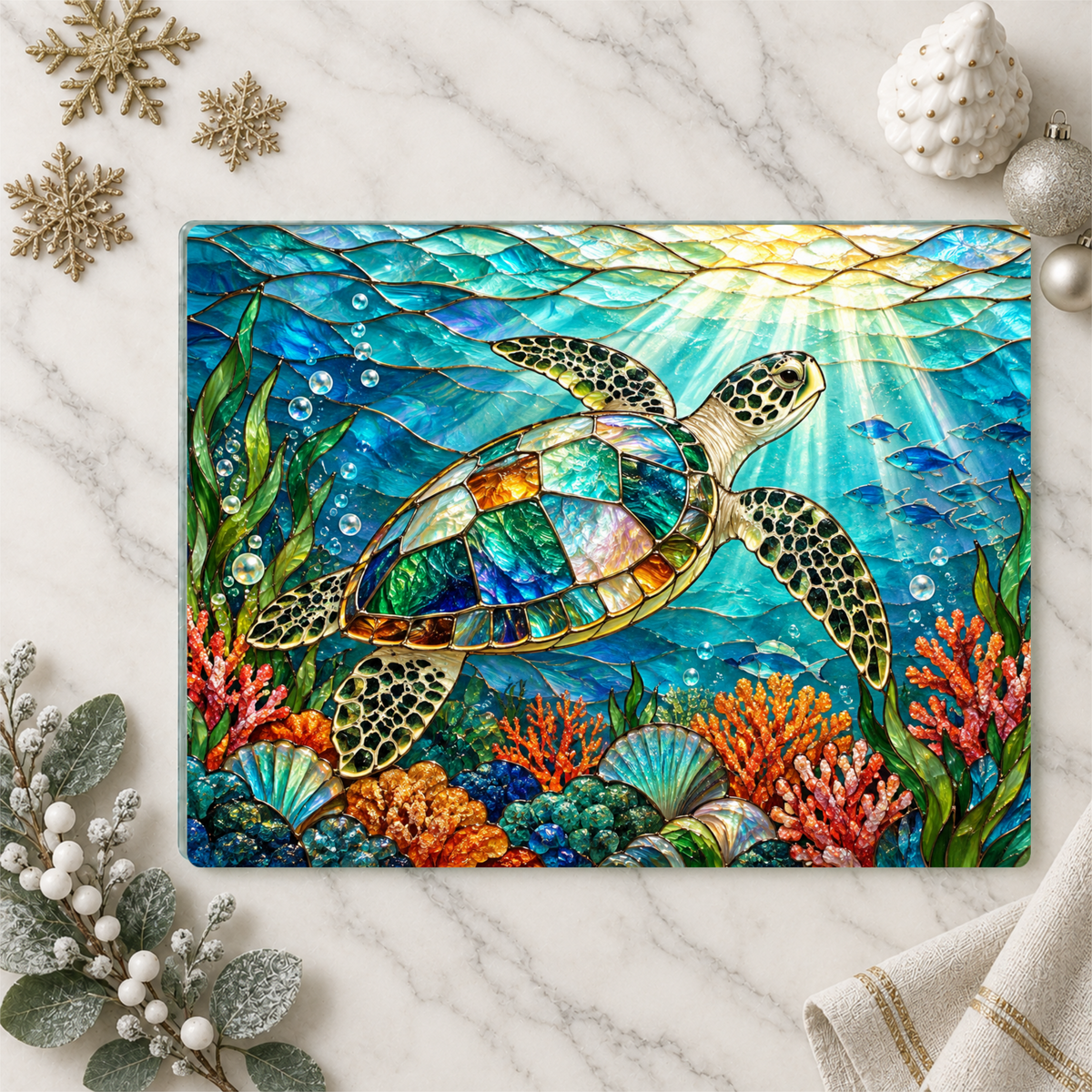 Sea Turtle Glass Cutting Board, Ocean Kitchen Decor, Marine Life Serving Board, Coastal Home Gift, Underwater Art Kitchen Accessory