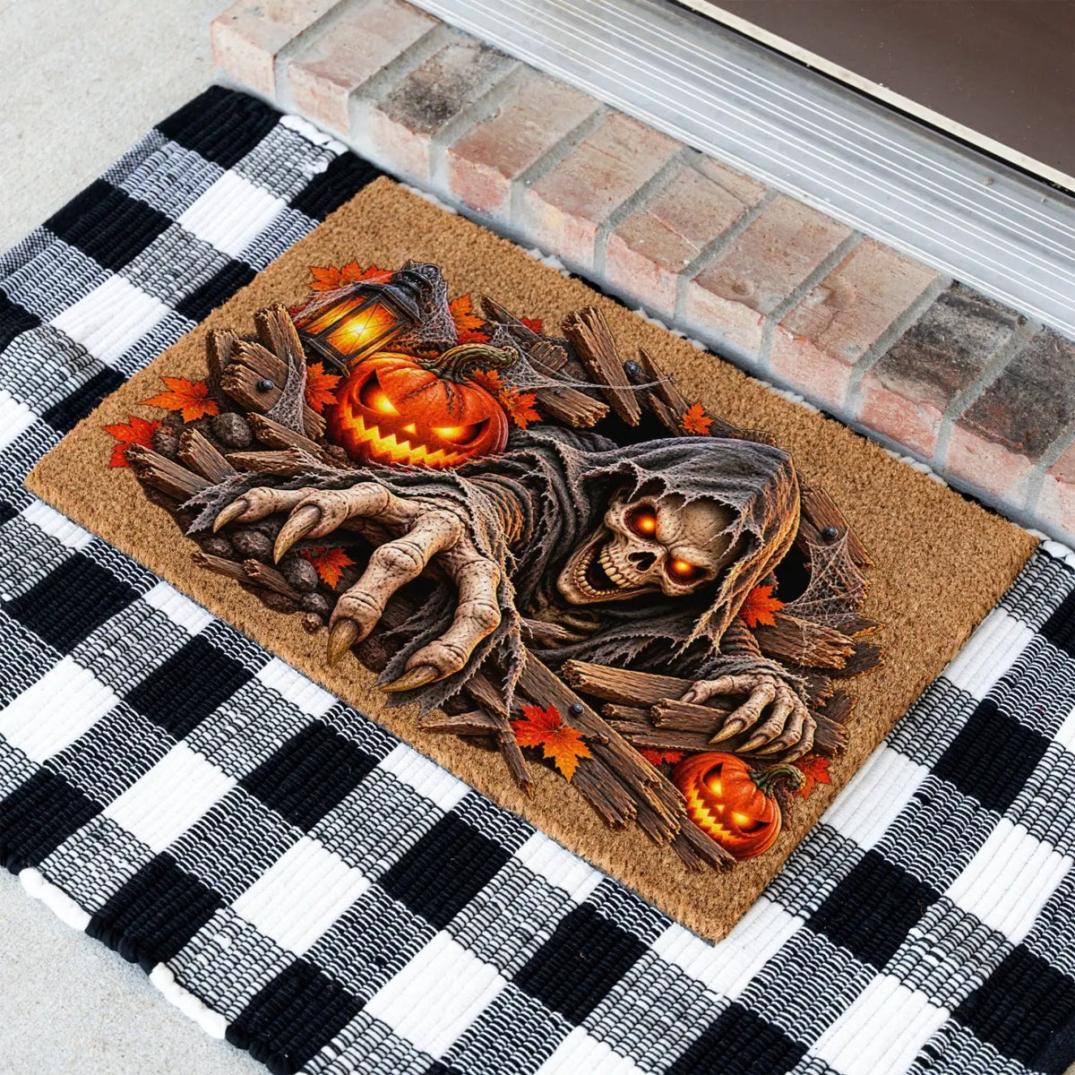 Horror Skeleton Doormat, Grim Reaper Halloween Coir Mat, Creepy Skeleton Welcome Mat, Scary Pumpkin Porch Decor, Haunted Door Mat