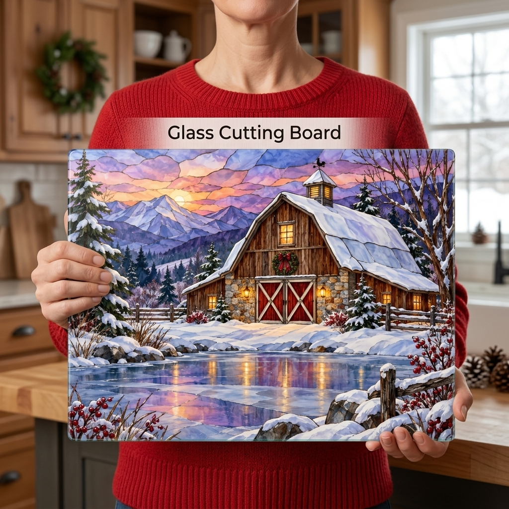 Evergreen Winter Barn Glass Cutting Board, Country Farmhouse Kitchen Decor, Snowy Mountain Barn Christmas Gift
