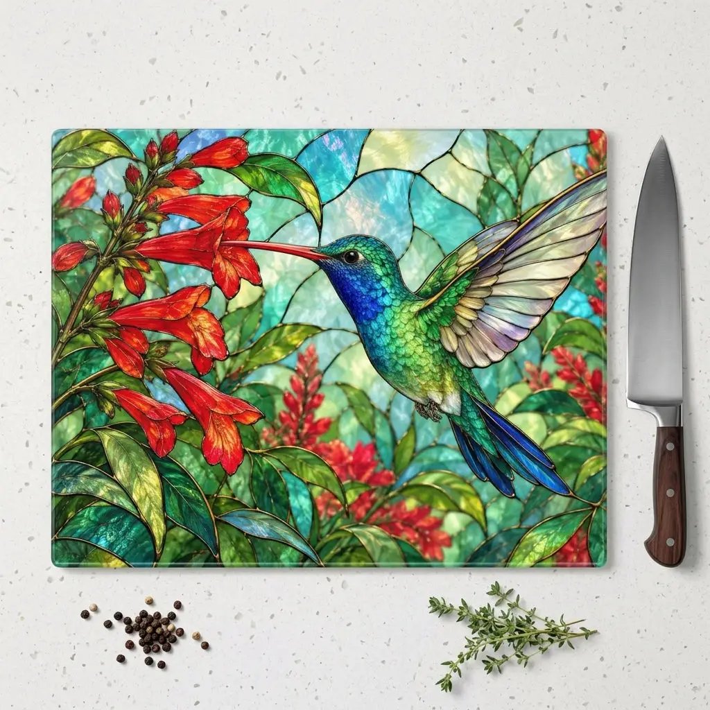 Hummingbird Cutting Board, Stained Glass Hummingbird Decor, Red Flower Kitchen Decor, Bird Lover Gift, Nature Inspired Gift