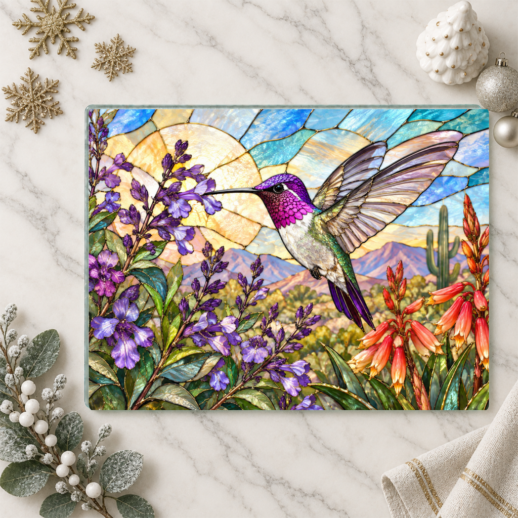 Hummingbird Cutting Board, Stained Glass Hummingbird Decor, Desert Wildflower Kitchen Decor, Bird Lover Gift, Southwest Decor