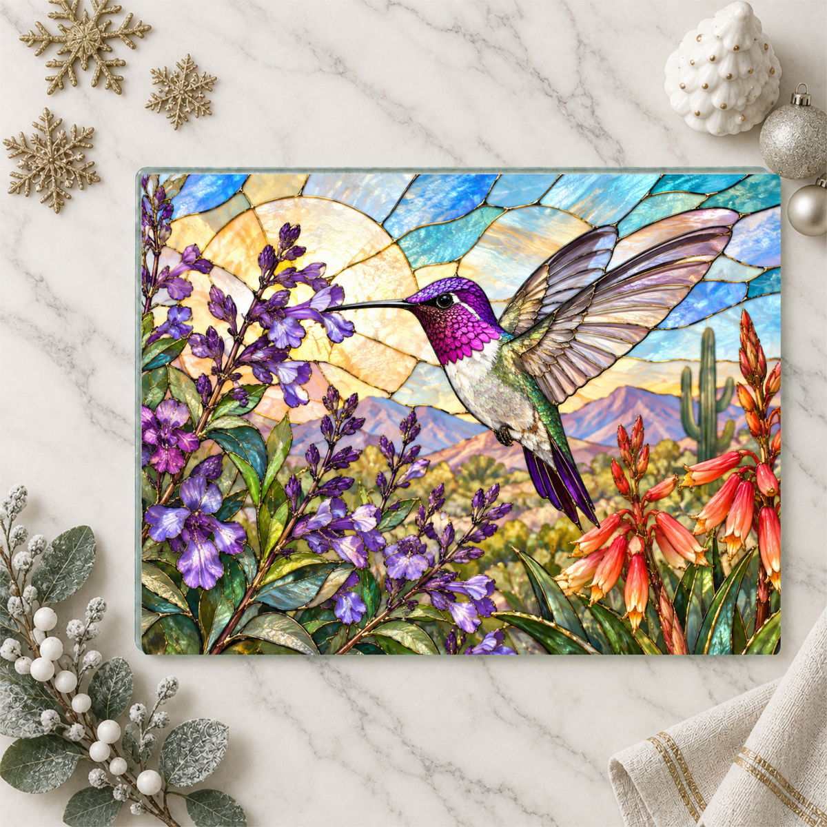 Hummingbird Cutting Board, Stained Glass Hummingbird Decor, Desert Wildflower Kitchen Decor, Bird Lover Gift, Southwest Decor