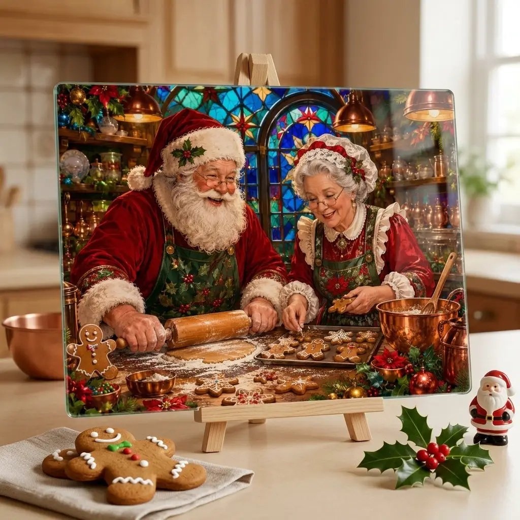 Santa and Mrs Claus Glass Cutting Board, Christmas Baking Decor, Gingerbread Kitchen Decor, Stained Glass Christmas Gift, Holiday Board
