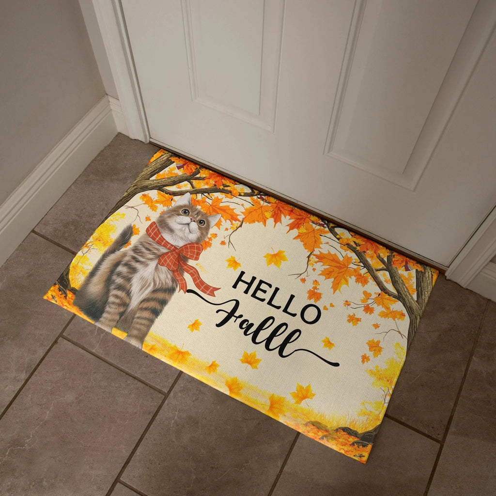 Hello Fall Cat Doormat – Fall Welcome Mat with Interchangeable Cat Designs, Autumn Leaves & Cozy Seasonal Décor for Cat Lovers and Fall Homes