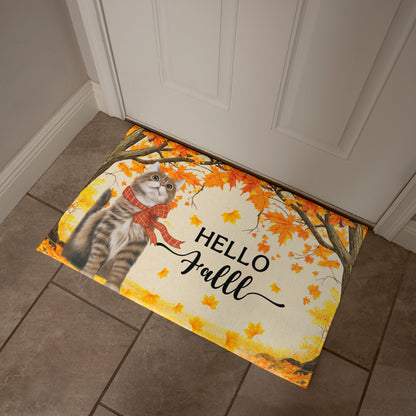 Hello Fall Cat Doormat – Fall Welcome Mat with Interchangeable Cat Designs, Autumn Leaves & Cozy Seasonal Décor for Cat Lovers and Fall Homes