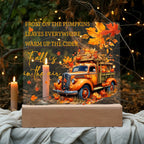 Fall Is in the Air Acrylic Plaque – Pumpkin Truck Autumn Decor – Lighted Acrylic Sign with Wooden Base (Corded or Battery Option)