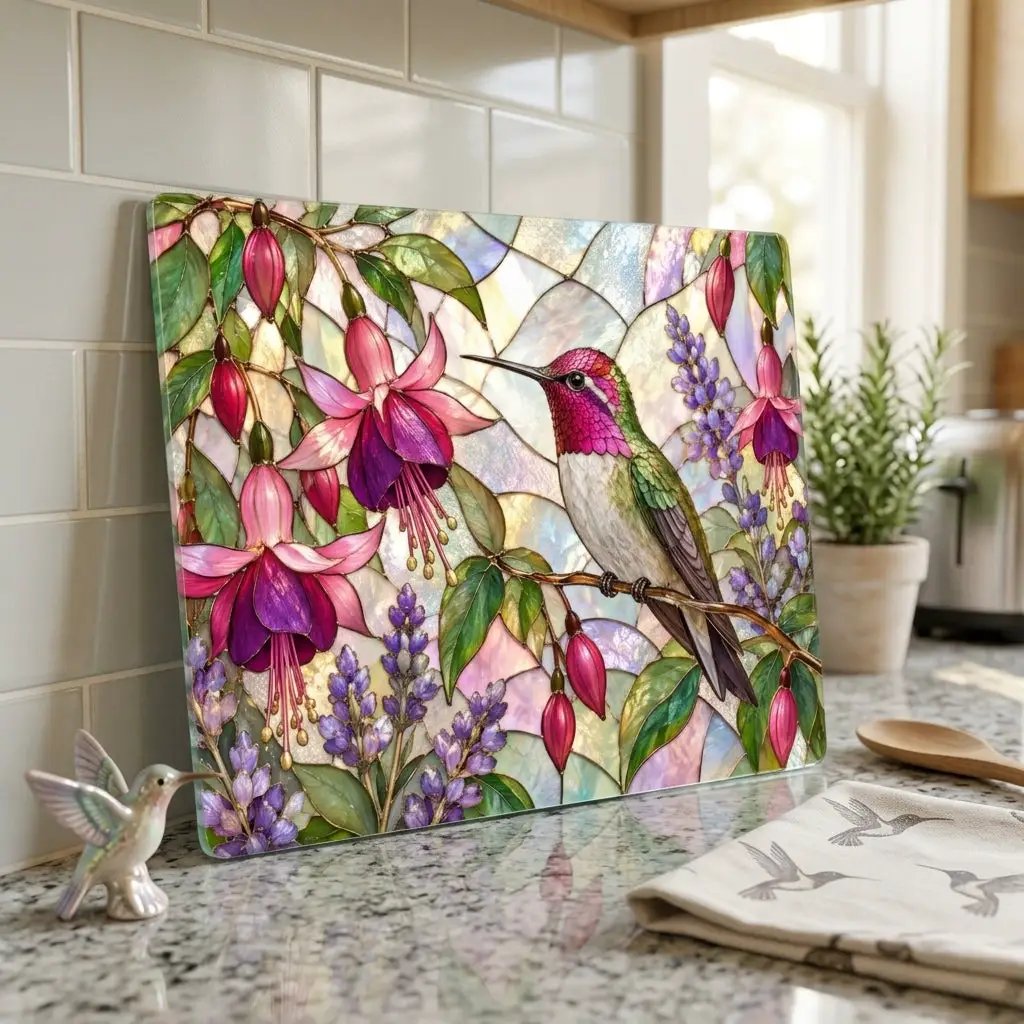 Hummingbird Cutting Board, Stained Glass Hummingbird Decor, Fuchsia Flower Kitchen Decor, Bird Lover Gift, Garden Lover Gift