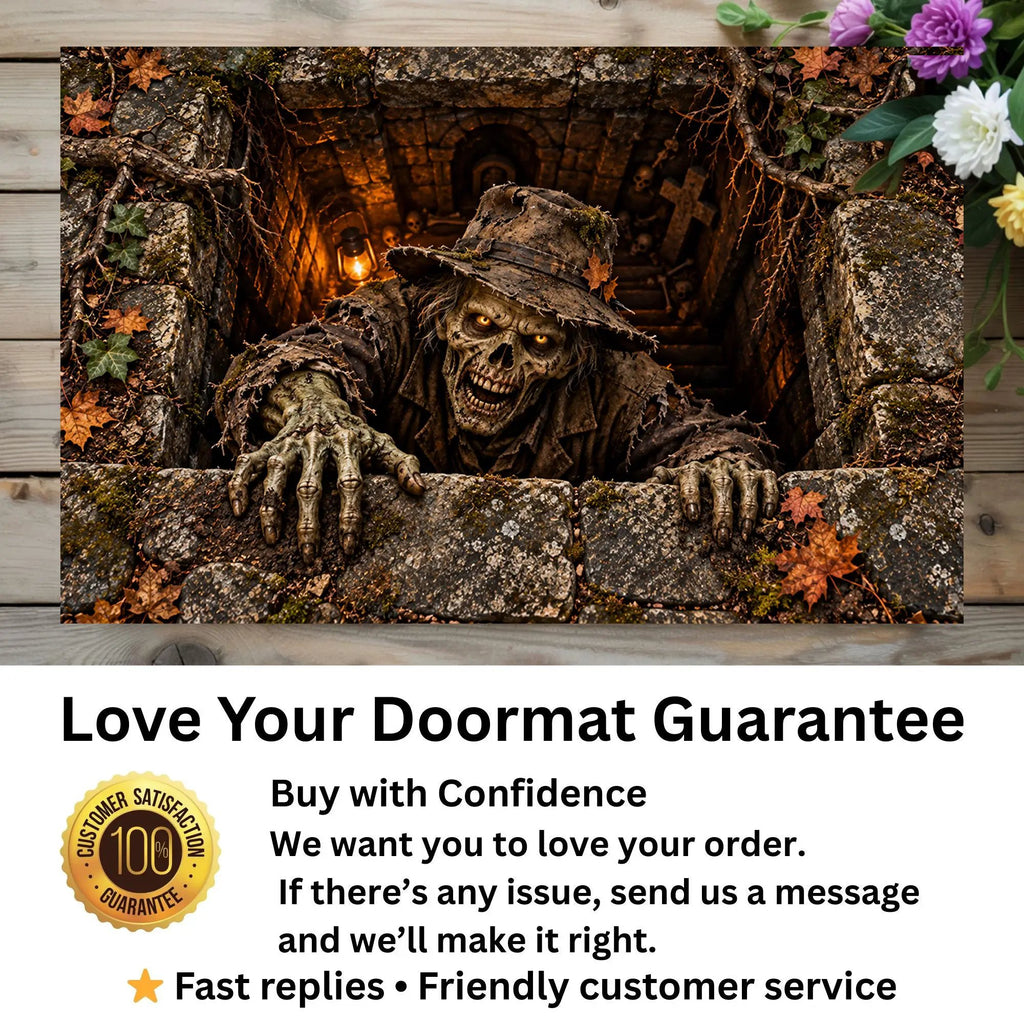 Undead Groundskeeper Halloween Doormat, 3D Zombie Optical Illusion Mat, Creepy Graveyard Door Mat, Haunted Crypt Halloween Decor